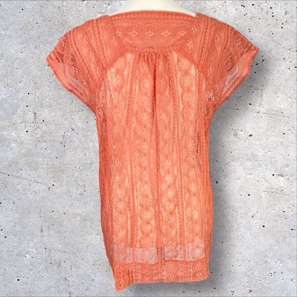 Fossil Sheer Lace Coquette Top V Neck Y2K Boho Fairy Womens’s Medium Orange - Picture 4 of 9